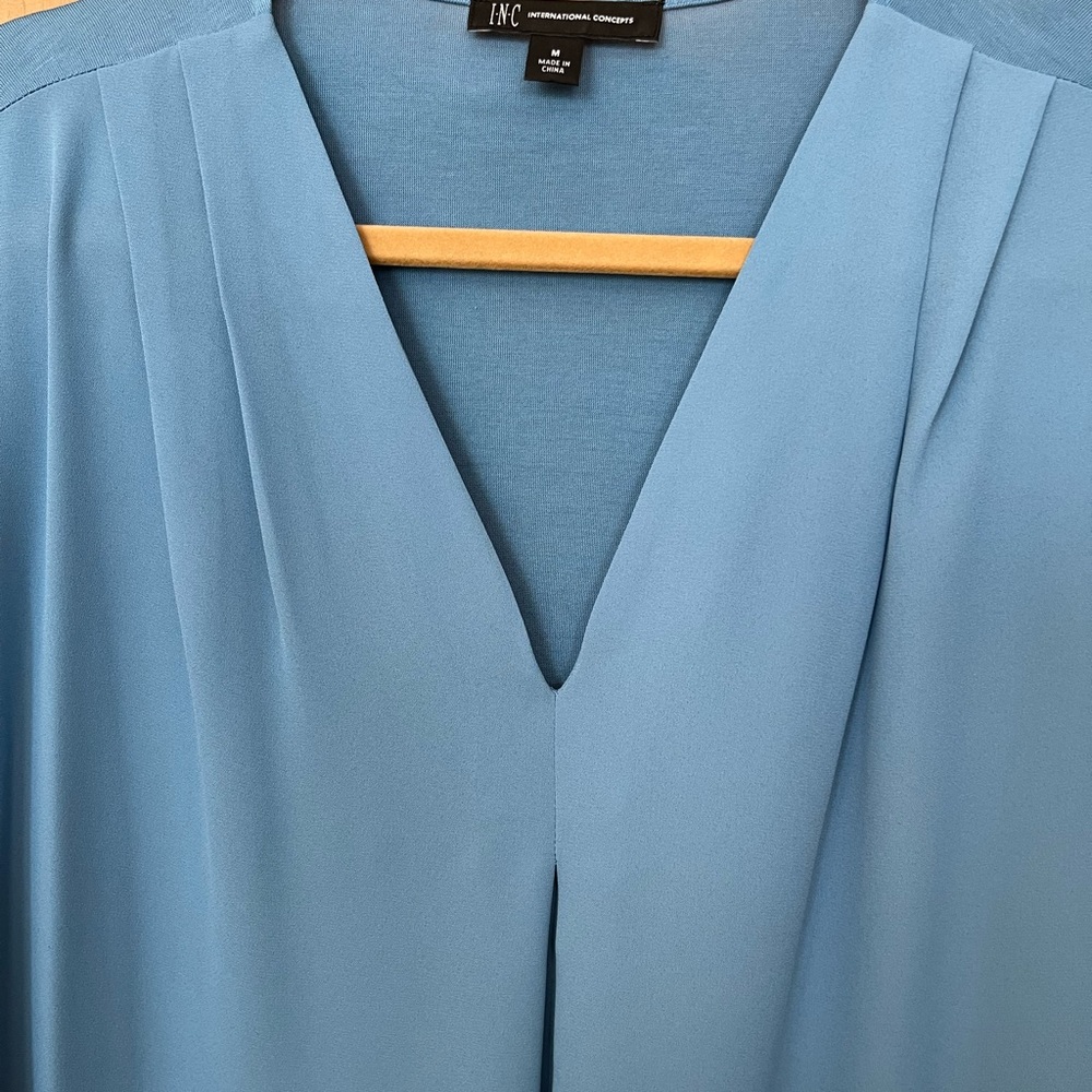 INC blue cap sleeved blouse V neck like new condition - Picture 3 of 3